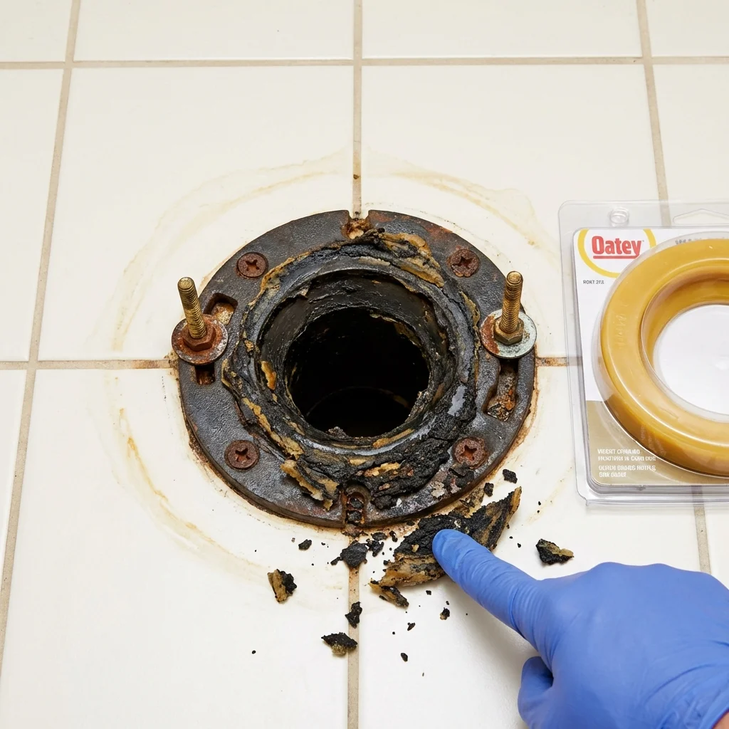 Failed wax ring showing water seepage at the base of a toilet in a Greenfield, NH home
