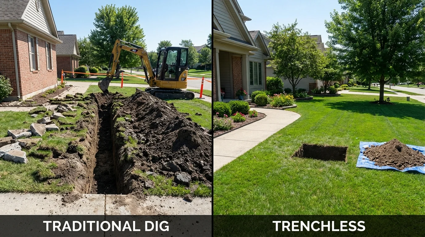 Trenchless sewer repair with minimal yard damage versus traditional excavation in Greenfield, NH