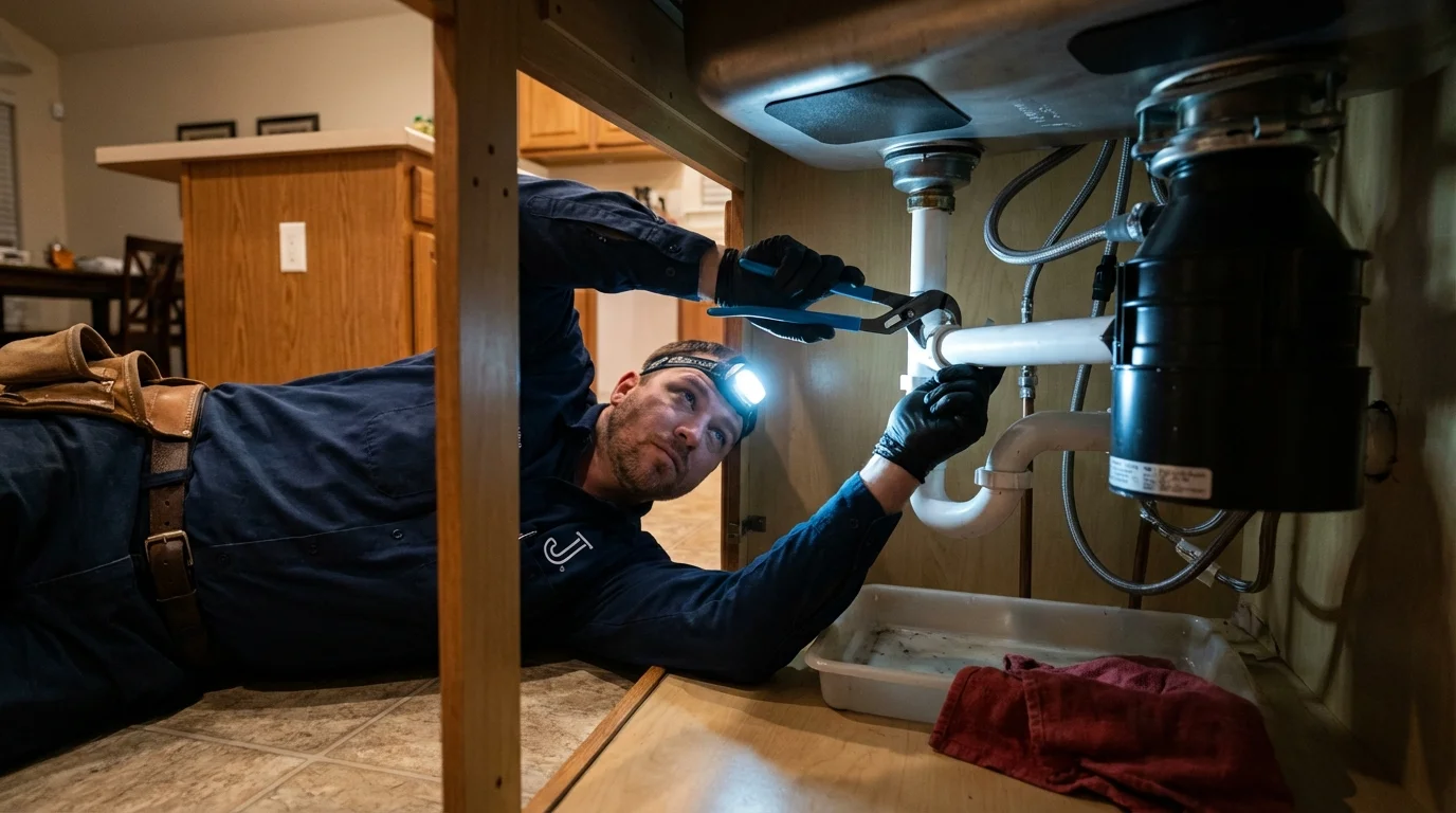 P-trap and supply line connections under a kitchen sink showing a common leak point in Greenfield, NH